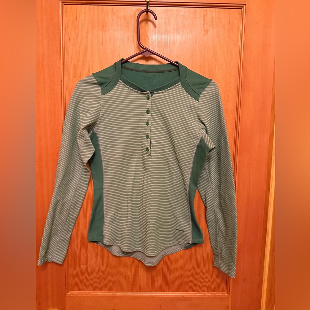 PATAGONIA Henley Shirt Long Sleeve Green Stripe Women's S